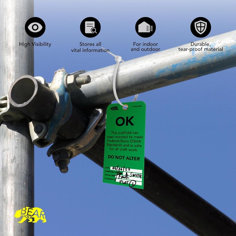 BearTOOLS Scaffold Tags - Safety Inspection Kit with Cable Ties - OK Scaffold Status Warning Sign - Laminated 3 x 6 in, Pack of 25 - Weatherproof, Tear-Resistant - Green Tags - Image 4